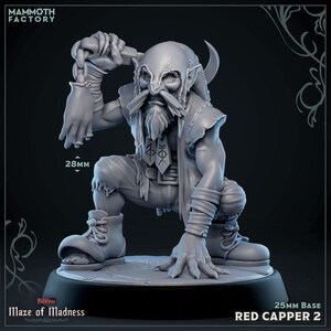 Pode incluir: Miniatura cinzenta de um Red Capper 2 da s&eacute;rie "Maze of Madness". A figura est&aacute; agachada, segurando uma arma. A base tem 25 mm, e a figura tem 2,8 cm de altura.
