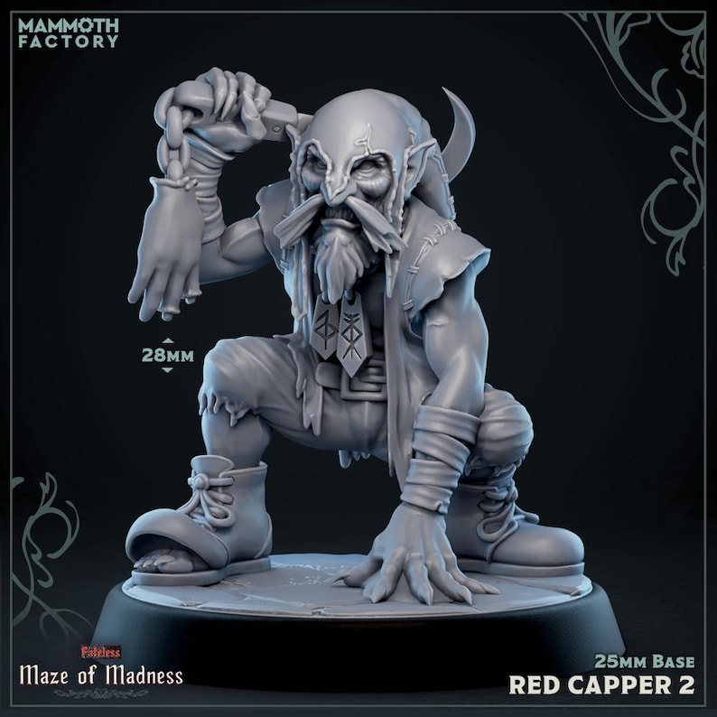Pode incluir: Miniatura cinzenta de um Red Capper 2 da s&eacute;rie "Maze of Madness". A figura est&aacute; agachada, segurando uma arma. A base tem 25 mm, e a figura tem 2,8 cm de altura.