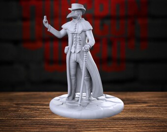 May include: A light gray miniature figurine of a plague doctor wearing a wide-brimmed hat, a long coat with buttons, and a bird-like mask. The figure stands on a circular stone-textured base, holding a thin cane in one hand and a small vial in the other.