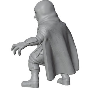 以下が含まれることがあります： フードを被ったキャラクターがしゃがんでいるポーズの、未塗装のグレーの3Dプリントフィギュア。長いマント、アームガード、ブーツを着用しており、片手を前に突き出している。表面にはプリント工程による積層跡が見える。