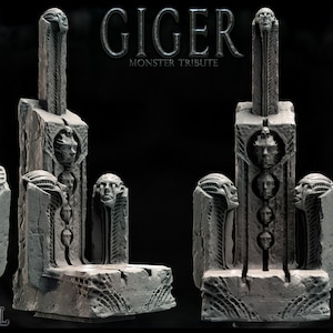 May include: A gray, stone-like throne with a tall, narrow back and a seat. The throne is decorated with a series of human faces and a skull. The throne is 155mm tall. Giger Monster Tribute.
