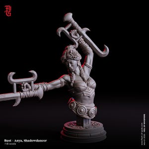 May include: Anya, Shadowdancer bust, a grey 3D printed miniature of a female figure with a braided hairstyle, wearing a warrior's outfit and holding two swords. The bust is on a circular base with intricate details.