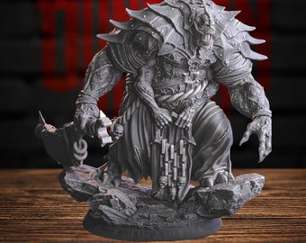 May include: A gray resin miniature figure of a hulking, armored creature with a wide, toothy grin. The figure wears spiked shoulder pauldrons, a tattered robe adorned with small skulls, and holds a large, heavy-looking weapon in its right hand.