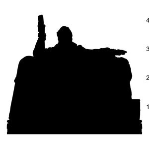 May include: A black silhouette of a seated figure holding an object upright in one hand while extending the other arm outward. A vertical measuring scale is positioned to the right, indicating a height of approximately 45 units on the scale.