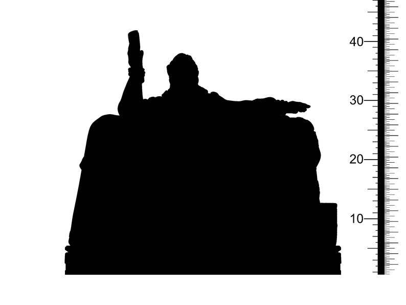 May include: A black silhouette of a seated figure holding an object upright in one hand while extending the other arm outward. A vertical measuring scale is positioned to the right, indicating a height of approximately 45 units on the scale.