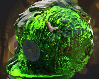 May include: A translucent green gelatinous sphere figurine featuring a textured, bubbly surface. Embedded within the glowing green mass are a small brown boot and a circular wooden shield with metal studs. The base is a simple black disc.