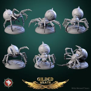 Puede incluir: Un modelo de araña mecánica impreso en 3D con un cuerpo redondo y detallado y ocho patas articuladas. La araña está posada sobre una base circular.
