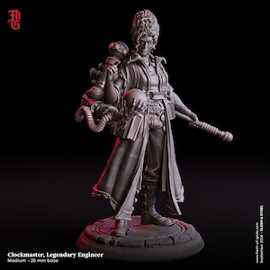 May include: A detailed miniature figurine of a Clockmaster, a Legendary Engineer, with a steampunk aesthetic. The figure is wearing a long coat, holding a sphere in one hand and a tool in the other. The figure is standing on a circular base.