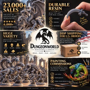 以下が含まれることがあります： Dungeonworld Miniatures and Terrainのプロモーション画像。3つの頭を持つドラゴン、様々なヒーロー、悪役を含む灰色の樹脂製ファンタジーフィギュアが写っています。画像には、販売実績、耐久性のある樹脂、塗装サービスに関するテキストが含まれています。