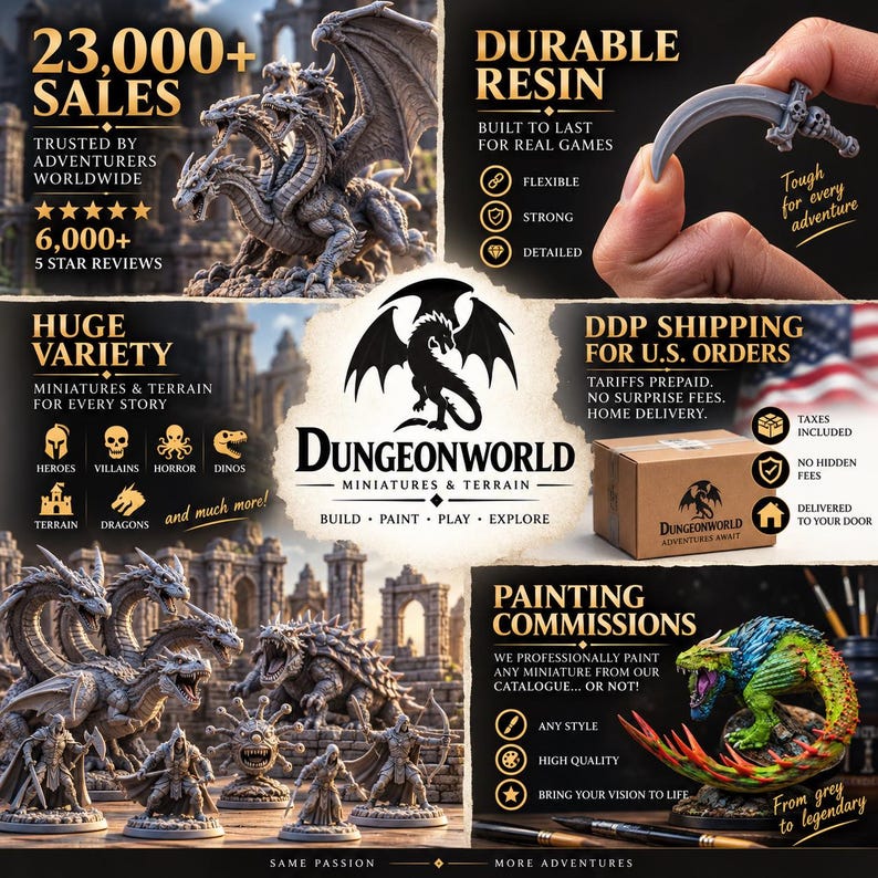 以下が含まれることがあります： Dungeonworld Miniatures and Terrainのプロモーション画像。3つの頭を持つドラゴン、様々なヒーロー、悪役を含む灰色の樹脂製ファンタジーフィギュアが写っています。画像には、販売実績、耐久性のある樹脂、塗装サービスに関するテキストが含まれています。