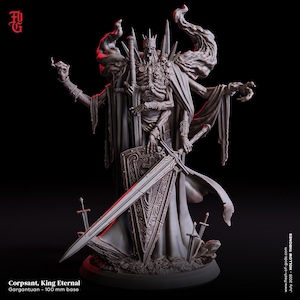 Pode incluir: Figura detalhada em resina cinza de Corpsant, King Eternal, com múltiplos braços, um torso esquelético e uma coroa. A figura segura uma grande espada e escudo, com espadas menores na base. A base tem 100 mm.