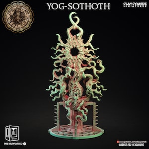 Puede incluir: Un modelo impreso en 3D de Yog-Sothoth, una entidad cósmica ficticia del mito de Cthulhu. El modelo es verde y rosa y presenta un gran ojo central con tentáculos y zarcillos que se extienden hacia afuera. El modelo está pre-soportado y es una exclusiva de agosto de 2021 de Clay Cyanide Miniatures.