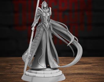 May include: A gray resin miniature figurine of a tall, slender elf-like warrior standing on a circular stone-tiled base. The figure wears ornate plate armor with scale-like details and holds a long, pointed spear in the right hand.