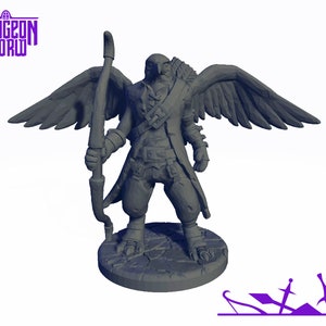 May include: A gray painted miniature figurine of a humanoid with a bird head and wings, holding a bow and arrow. The figurine is standing on a circular base.