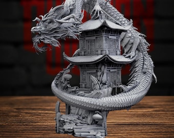 May include: A gray, unpainted resin miniature featuring a long, serpentine dragon coiling around a multi-tiered East Asian style pagoda structure. The dragon has detailed scales, flowing whiskers, and sharp claws, while the pagoda includes intricate roof tiles and architectural details.