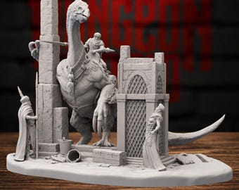 Puede incluir: Un diorama en miniatura de resina gris que muestra una gran criatura de cuello largo con un jinete, dos figuras de pie con túnicas, una columna de piedra alta, una torre con patrón de celosía, un cubo y dos cofres sobre una base.