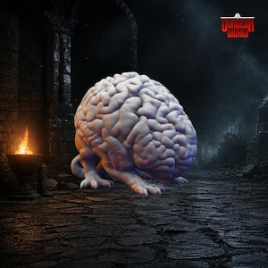 May include: A 3D-rendered model of a brain with legs, in a fantasy setting. The brain is light gray with detailed ridges. The background features a stone path, archways, and a fire pit. The Dungeon World logo is in the top right.