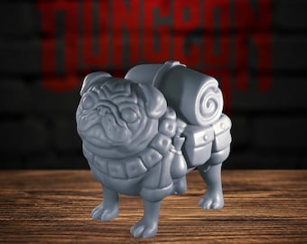 May include: A gray, unpainted miniature figurine of a pug dog wearing a collar and carrying a backpack with a rolled sleeping bag and side pouches. The figure is sculpted with detailed facial wrinkles and stands in a forward-facing position.