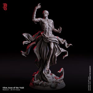 May include: A grey sculpture of a skeletal figure, blindfolded and draped in flowing fabric. The figure's arms are raised, and the base includes scrolls. The text "Eliot, Icon of the Void" is visible. The base is 25 mm.