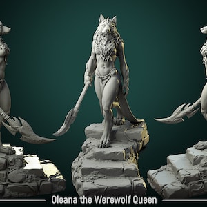 Pode incluir: Uma escultura em 3D impressa em cinza, detalhada, de uma rainha lobisomem segurando uma lança. A escultura está em pé sobre uma base de pedra com o texto "Oleana the Werewolf Queen" abaixo.