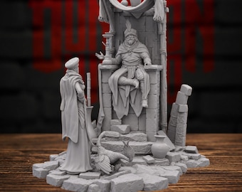 Puede incluir: Un diorama en miniatura de resina gris que muestra una figura sentada en un trono con un dosel drapeado, una figura de pie con túnicas, una criatura parecida a un ave y ruinas de piedra sobre una base de adoquines con cerámica.