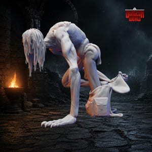 May include: A white, humanoid monster figurine in a dungeon setting. The creature is bent over, holding a satchel. The figure has long, stringy hair and a detailed, muscular physique. The Dungeon World logo is visible in the top right corner.