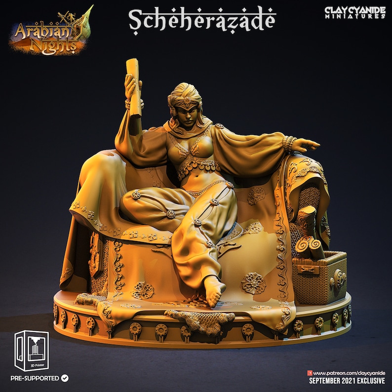 May include: A golden-toned miniature figurine of a seated figure wearing a headpiece, a cropped top, and loose trousers. The figure holds a scroll in one hand and rests on an ornate, circular base with decorative patterns and a small basket.