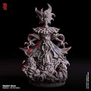 May include: A gray, detailed miniature figurine of a female figure with long, flowing hair and a tattered dress. The figure is standing on a base with skulls and other skeletal remains. The figure is labeled "Shadow Siren".