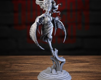 May include: A gray resin miniature figure of a winged creature with flowing hair, sharp fangs, and outstretched arms. The figure is posed in a dynamic flight position, mounted on a circular base with a stone-like structure and debris.