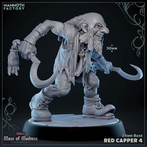 Pode incluir: Uma figura em miniatura cinzenta de um personagem amea&ccedil;ador, segurando duas l&acirc;minas curvas. A figura est&aacute; vestindo roupas e botas esfarrapadas. A base tem 25 mm. O texto na base diz "Maze of Madness" e "Red Capper 4". A figura tem 30 mm de altura.