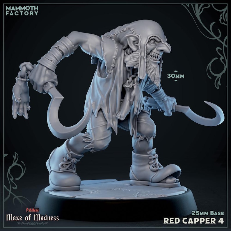 Pode incluir: Uma figura em miniatura cinzenta de um personagem amea&ccedil;ador, segurando duas l&acirc;minas curvas. A figura est&aacute; vestindo roupas e botas esfarrapadas. A base tem 25 mm. O texto na base diz "Maze of Madness" e "Red Capper 4". A figura tem 30 mm de altura.