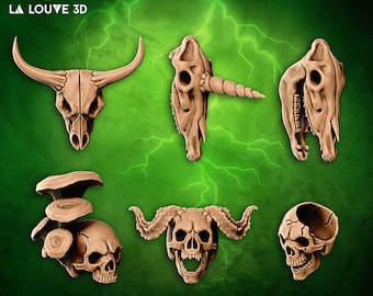 Set de miniaturas de calaveras de animales para el juego de rol de mesa Dungeons and Dragons.
