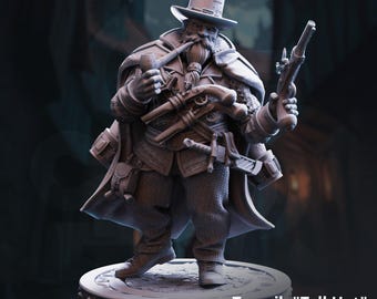 May include: A grey miniature figurine of a bearded dwarf wearing a tall hat, a long coat, and a cape. The figure holds a smoking pipe in one hand and a flintlock pistol in the other, with additional pistols and a sword tucked into a belt.