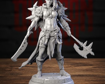 May include: A gray unpainted miniature figurine of a warrior standing on a circular base with etched markings. The figure features braided hair, fur-lined shoulder armor, a belt with tusk-like accents, and holds a curved blade and a double-headed axe.