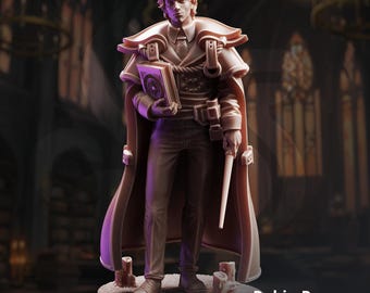 May include: A monochromatic brown miniature figurine of a student character wearing a collared shirt, tie, and a long, structured cloak. The figure holds a thick, ornate book in one hand and a thin wand in the other, standing on a circular base.
