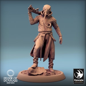 May include: A detailed, unpainted miniature figure of a person wearing a gas mask and a long coat, holding a weapon. The figure is standing on a rocky base. The miniature is part of the "People of Dunnari: Burnt Earth" collection.