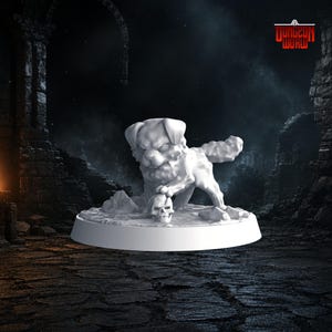 May include: A white figurine of a dog holding a skull, set on a round base. The dog has an angry expression and is posed in a dynamic stance. The background is a dark, fantasy-themed environment with stone structures.