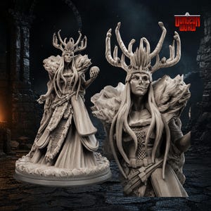 May include: A detailed, gray-toned miniature figure of a fantasy character, possibly a queen or sorceress, with long flowing hair, a crown of antlers, and a skeletal face. She wears an ornate gown and holds a skull. The Dungeon World logo is visible.