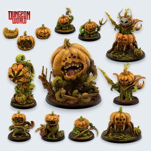 Könnte beinhalten: Eine Sammlung bemalter Miniaturfiguren, die orangefarbene kürbisartige Kreaturen mit Ranken, Zähnen und mehreren Augen darstellen. Das Set enthält verschiedene Posen, einige mit Waffen, vor einem weißen Hintergrund mit dem Text Dungeon World.