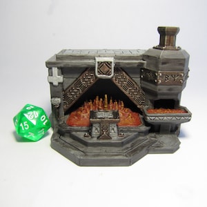 May include: A miniature 3D printed forge with a stone exterior, a metal anvil, and a glowing orange fire inside. The forge has a chimney and a decorative metal design on the front.