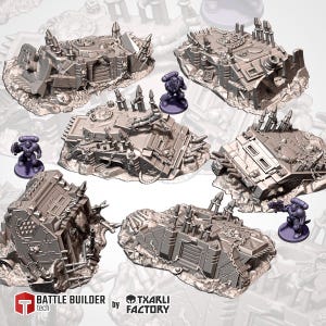 May include: A collection of gray miniature terrain pieces for tabletop gaming, featuring detailed architectural designs and battle-damaged textures. Includes small, purple figurines. The "Battle Builder tech" and "TXARLI FACTORY" logos are visible.