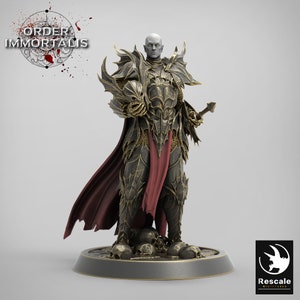 May include: A detailed figurine of a warrior in ornate, dark armor with gold accents, a red cape, and a bald head. The figure is holding a helmet and a weapon, standing on a base with skulls. The text "ORDER IMMORTALIS" is visible.