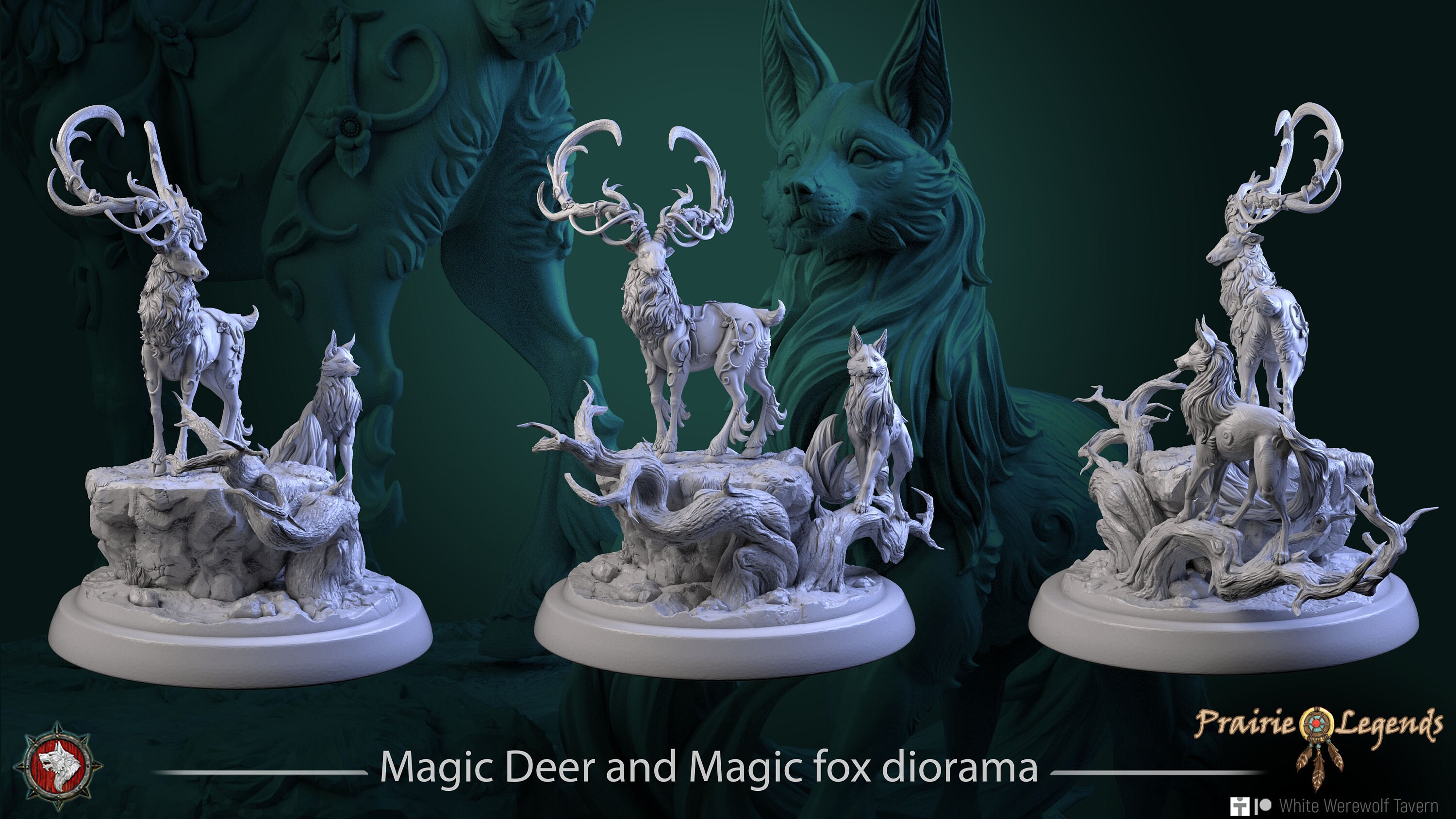 Magic Deer And Magic Fox Diorama • Prairie Legends • by White Werewolf Tavern | Dungeons and Dragons | Tabletop Games | Resin Miniature