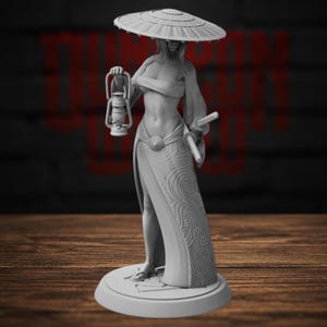 May include: A gray resin miniature figurine of a standing figure wearing a wide-brimmed conical hat, a tube top, and a long skirt with a swirling pattern. The figure holds a lantern in one hand and has two swords tucked into a waist sash.