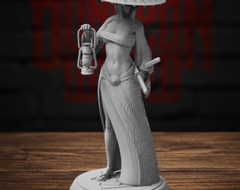 May include: A gray resin miniature figurine of a standing figure wearing a wide-brimmed conical hat, a tube top, and a long skirt with a swirling pattern. The figure holds a lantern in one hand and has two swords tucked into a waist sash.