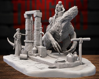 Puede incluir: Un diorama en miniatura de resina gris para juegos de mesa que muestra una figura encapuchada junto a un pozo de piedra, una gran criatura emplumada con un jinete y varios accesorios como cubos, jarras y un poste de madera.