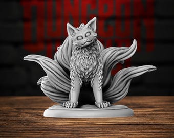May include: A grey miniature figurine of a nine-tailed fox creature with pointed ears, textured fur detailing, and blank eyes, standing on a circular base. The creature is depicted in a seated position with its multiple tails fanned out behind it.