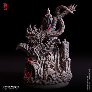 May include: A gray resin miniature titled Eldritch Weapon on a 50 mm base. The sculpture features a central eye, multiple tentacles, and a skeletal ribcage with skulls emerging from the base. A candle sits atop a stone pillar in the background.