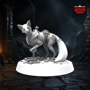 May include: A white steampunk fox figurine with mechanical details, gears, and a long, curved tail. The fox is standing on a circular base with a detailed design. The "Dungeon World" logo is visible in the upper right corner.