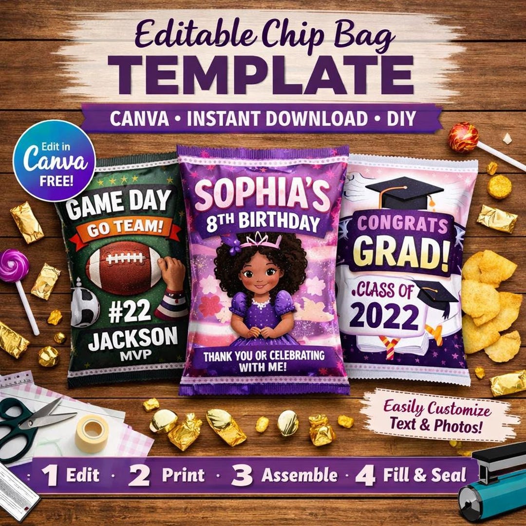 Editable Chip Bag Template Canva Party Favor Wrapper (instant